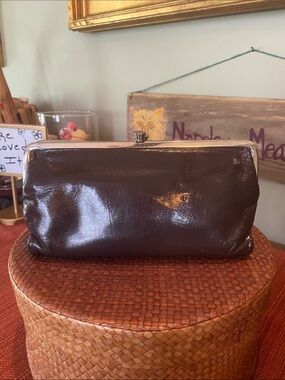 Hobo International Brown Patent Leather Kisslock Credit Card Bifold Long Wallet